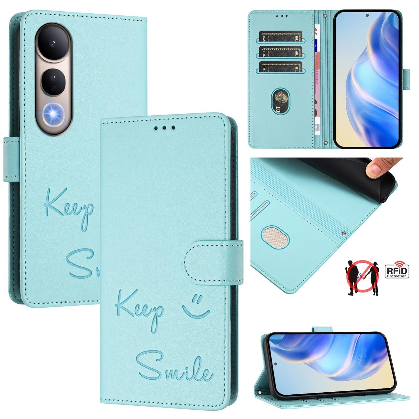 For vivo V50 Lite 5G Smile Embossing RFID Leather Phone Case(Mint Green)