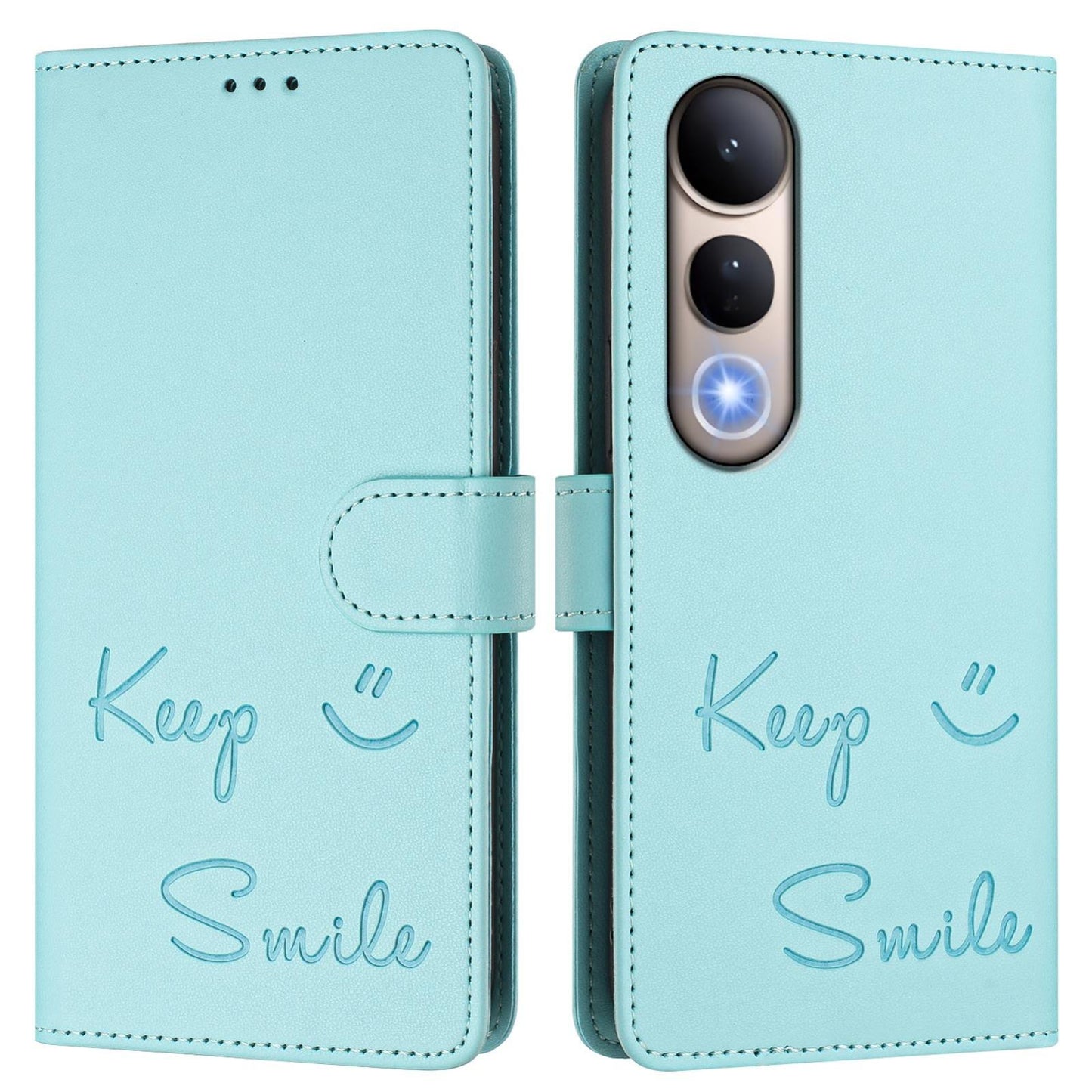 For vivo V50 Lite 5G Smile Embossing RFID Leather Phone Case(Mint Green)