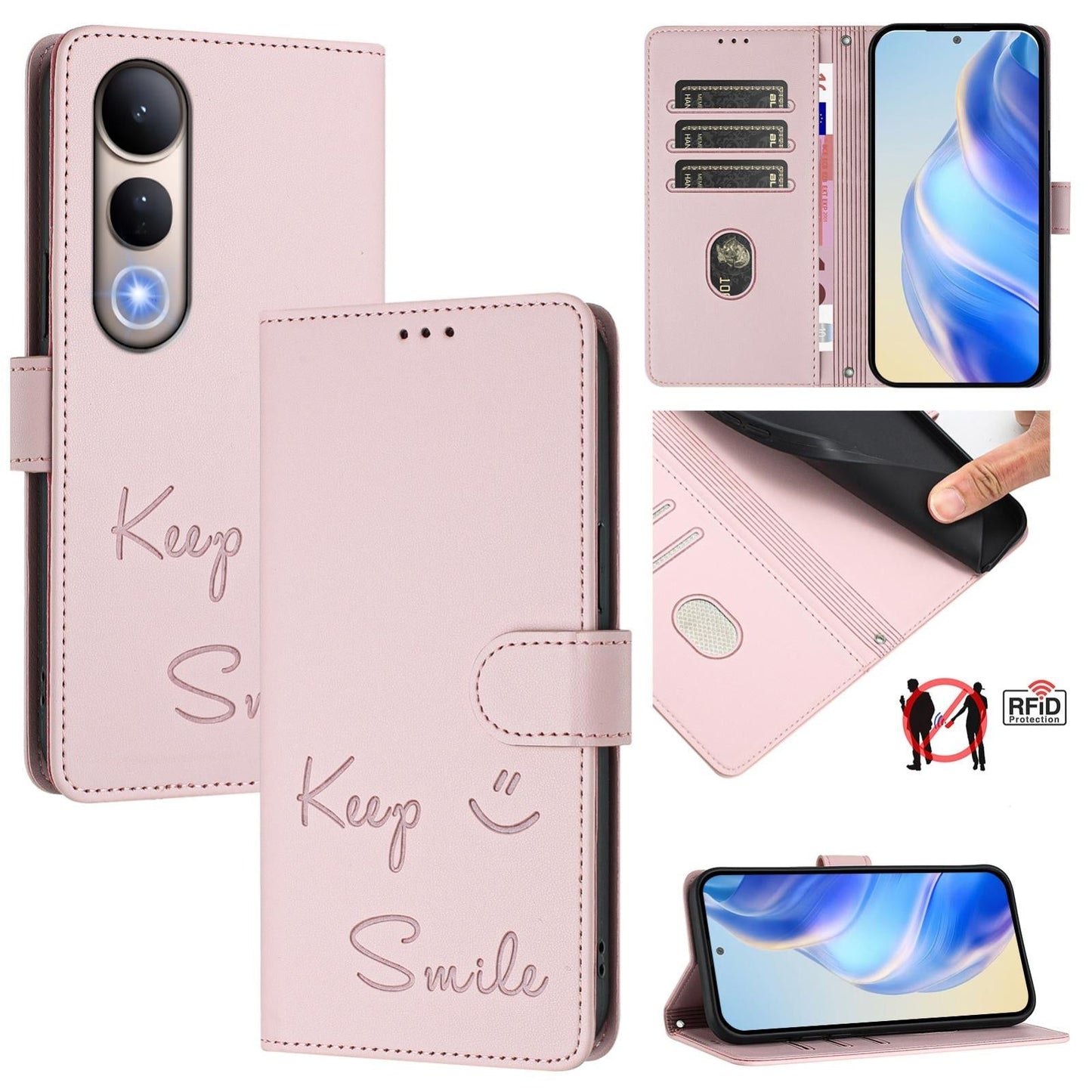 For vivo V50 Lite 5G Smile Embossing RFID Leather Phone Case(Pink)