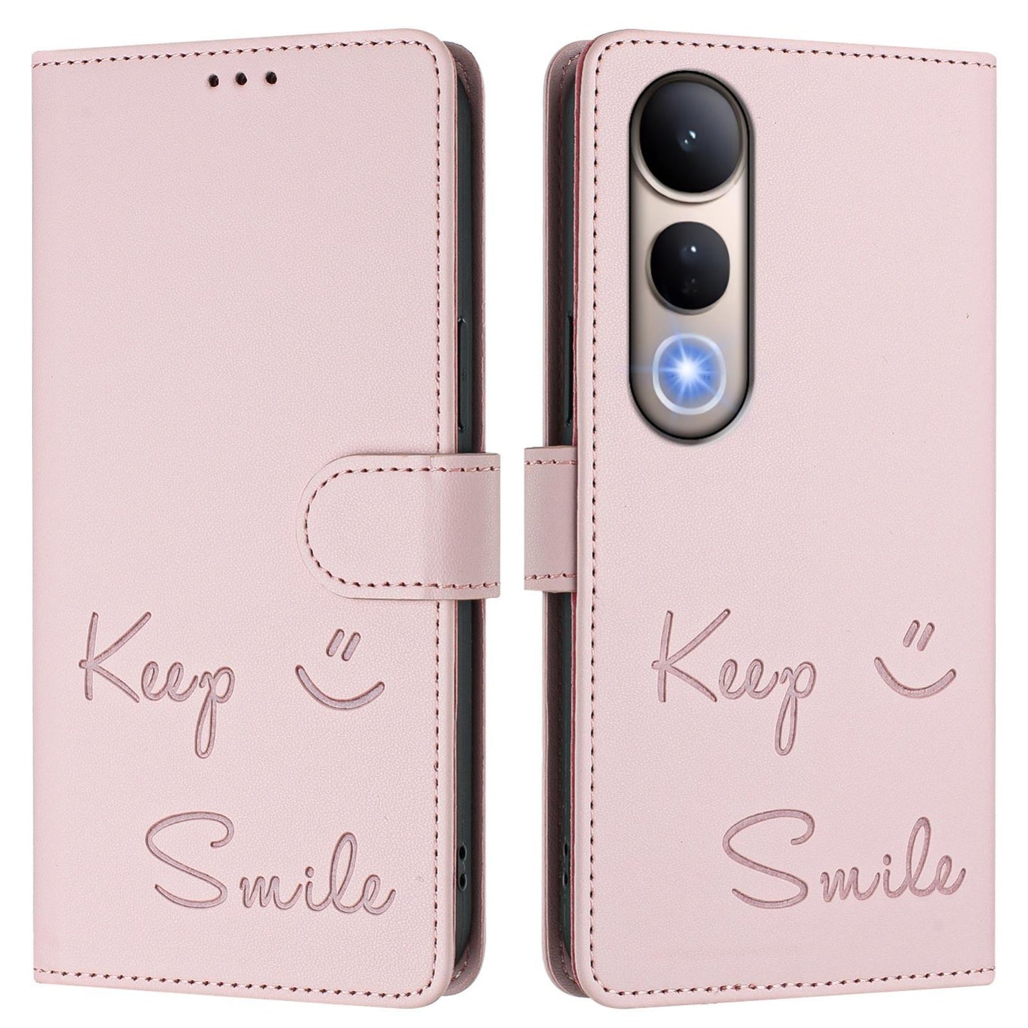 For vivo V50 Lite 5G Smile Embossing RFID Leather Phone Case(Pink)