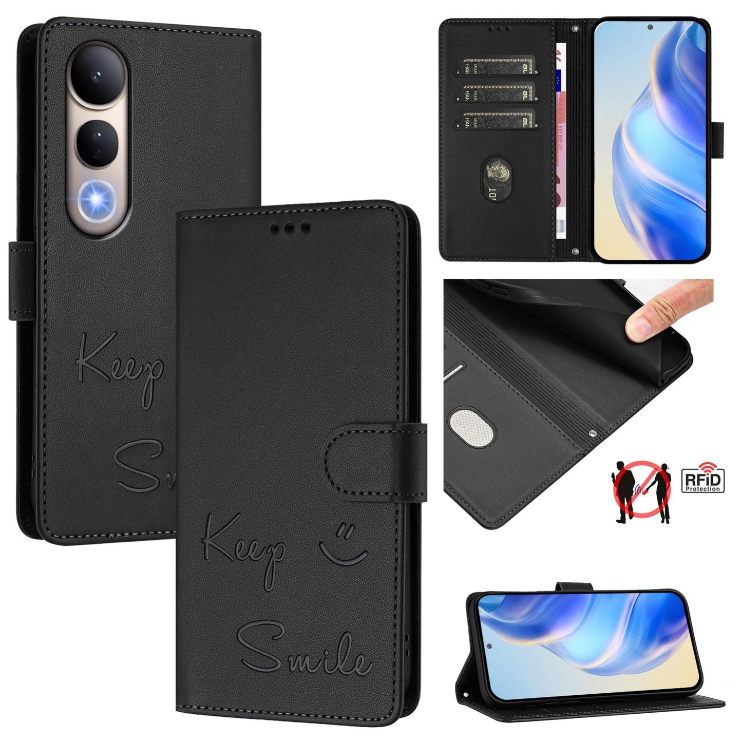 For vivo V50 Lite 5G Smile Embossing RFID Leather Phone Case(Black)
