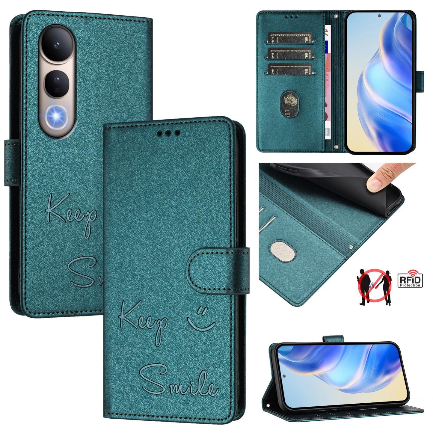 For vivo V50 Lite 5G Smile Embossing RFID Leather Phone Case(Peacock Green)
