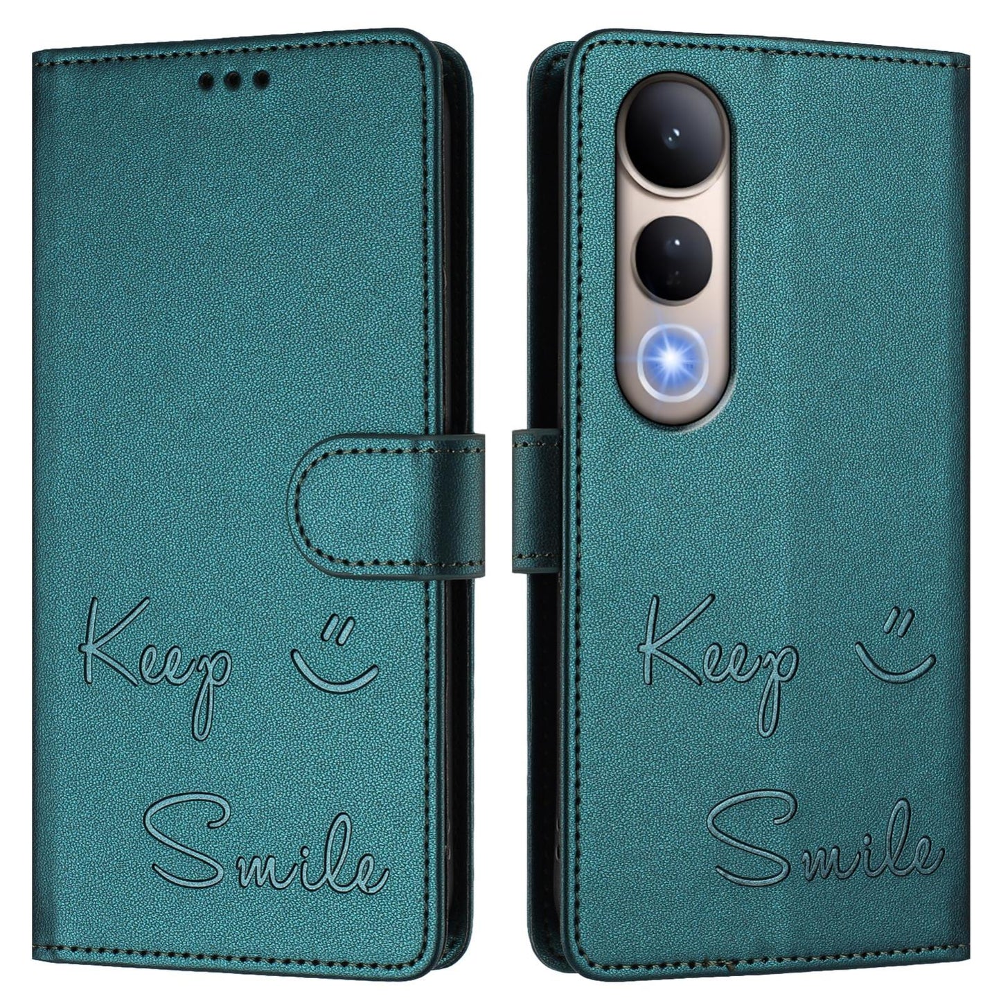 For vivo V50 Lite 5G Smile Embossing RFID Leather Phone Case(Peacock Green)
