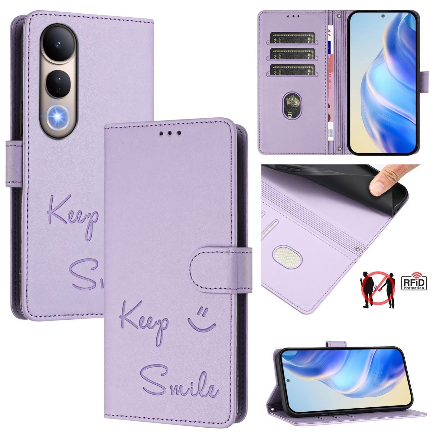 For vivo V50 Lite 5G Smile Embossing RFID Leather Phone Case(Light Purple)