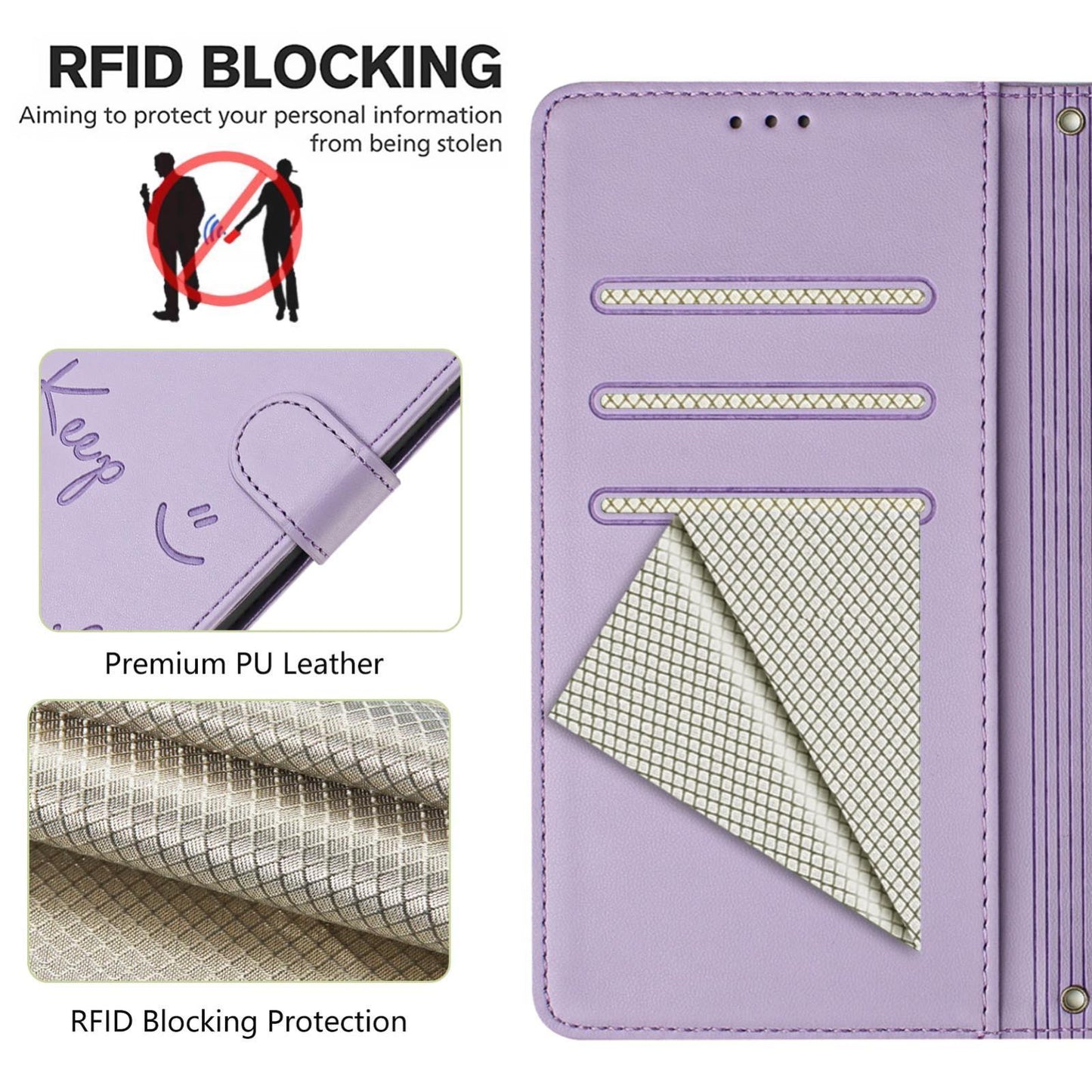 For vivo V50 Lite 5G Smile Embossing RFID Leather Phone Case(Light Purple)