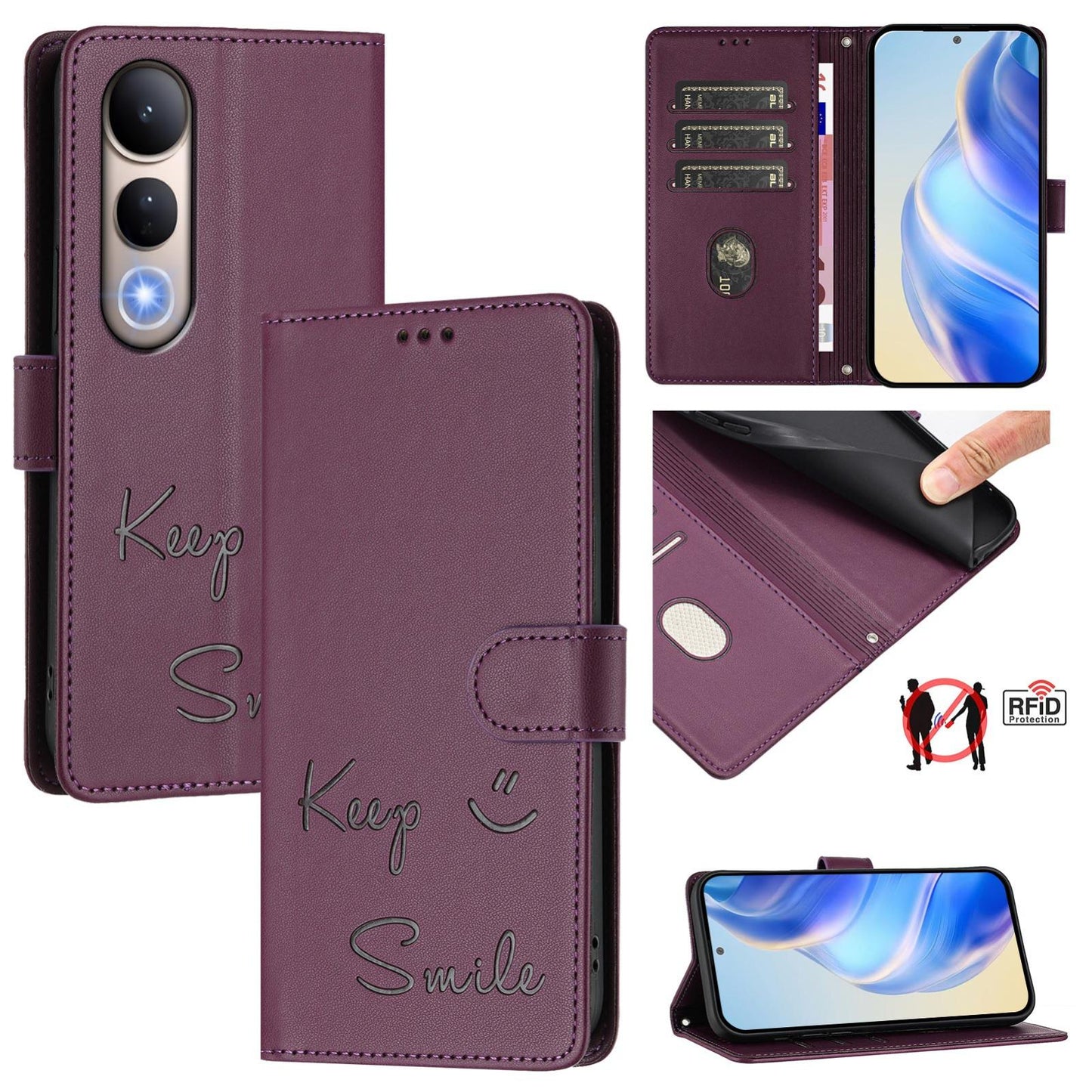 For vivo V50 Lite 5G Smile Embossing RFID Leather Phone Case(Violet)