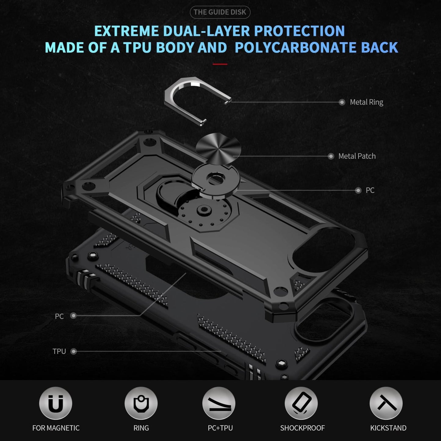 For iPhone 16e Shockproof TPU Hybrid PC Phone Case with Holder(Black)