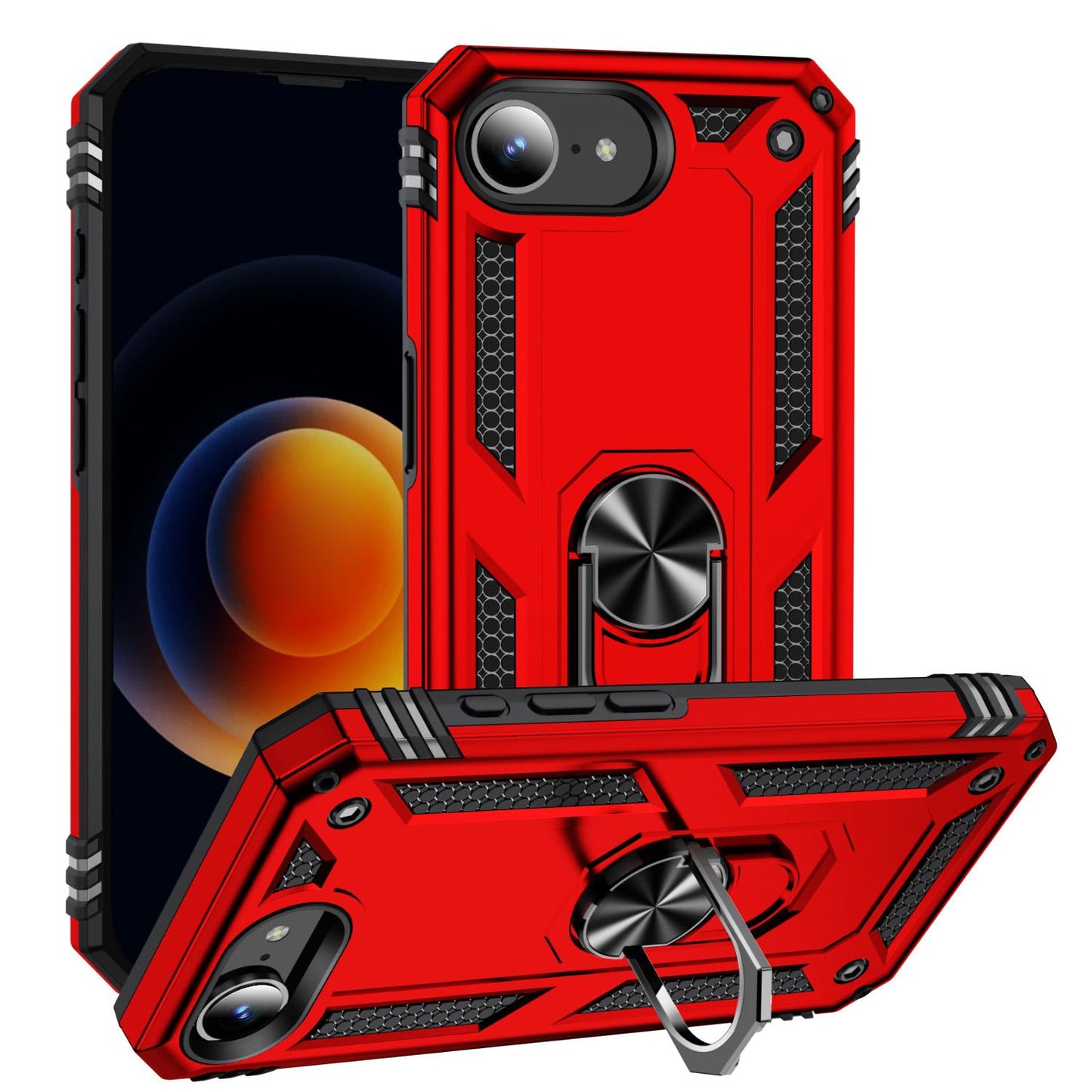 For iPhone 16e Shockproof TPU Hybrid PC Phone Case with Holder(Red)