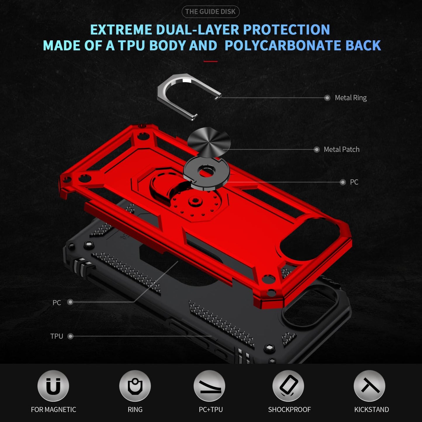 For iPhone 16e Shockproof TPU Hybrid PC Phone Case with Holder(Red)