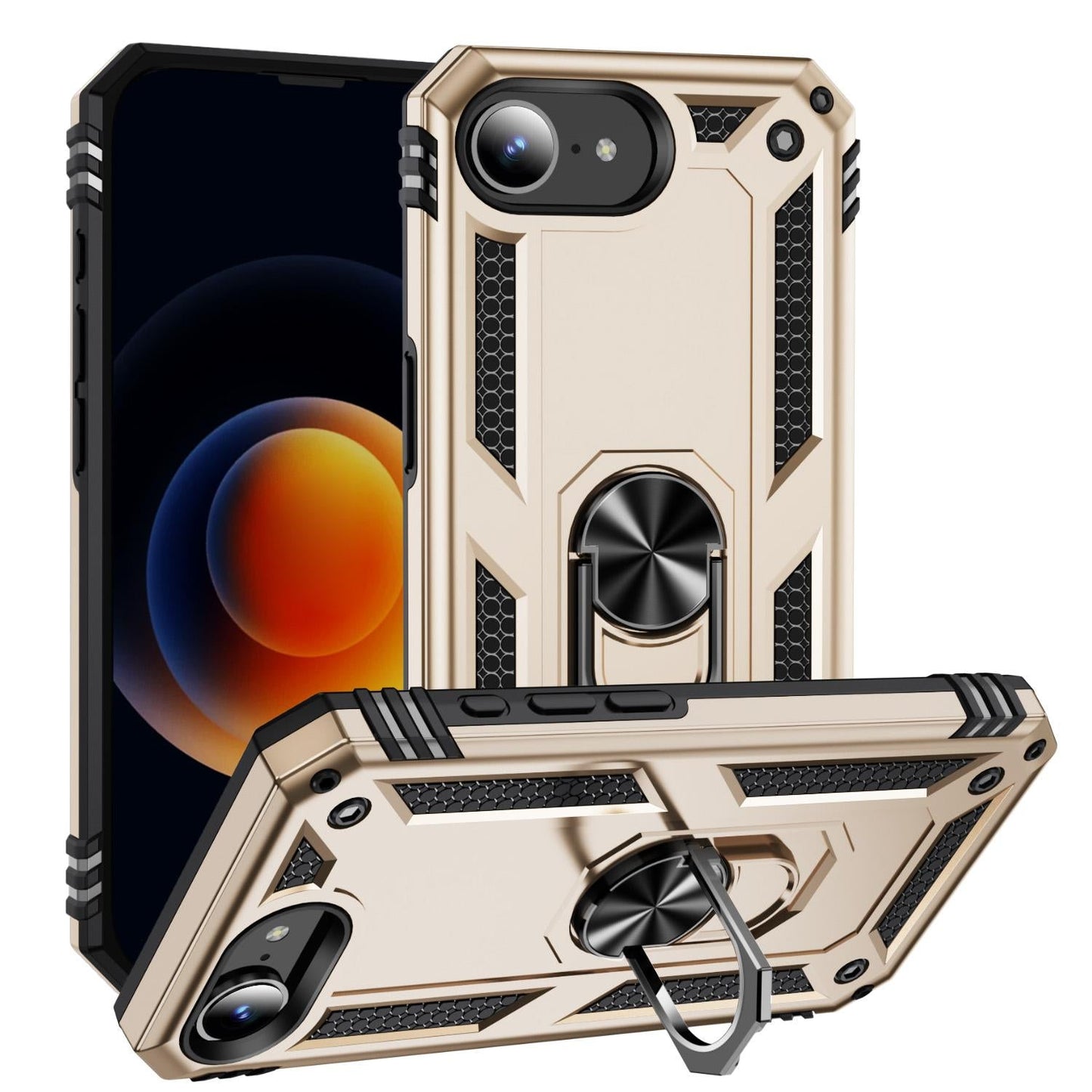 For iPhone 16e Shockproof TPU Hybrid PC Phone Case with Holder(Gold)