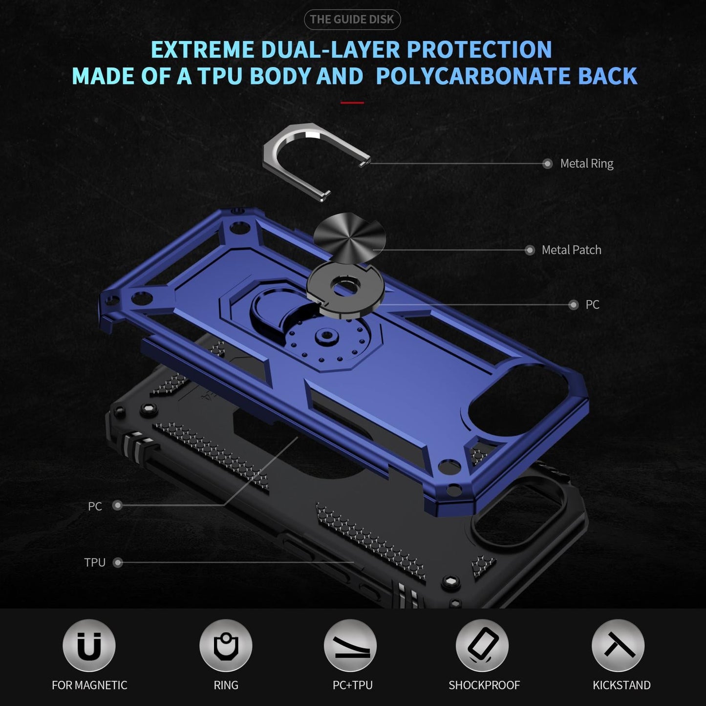 For iPhone 16e Shockproof TPU Hybrid PC Phone Case with Holder(Blue)