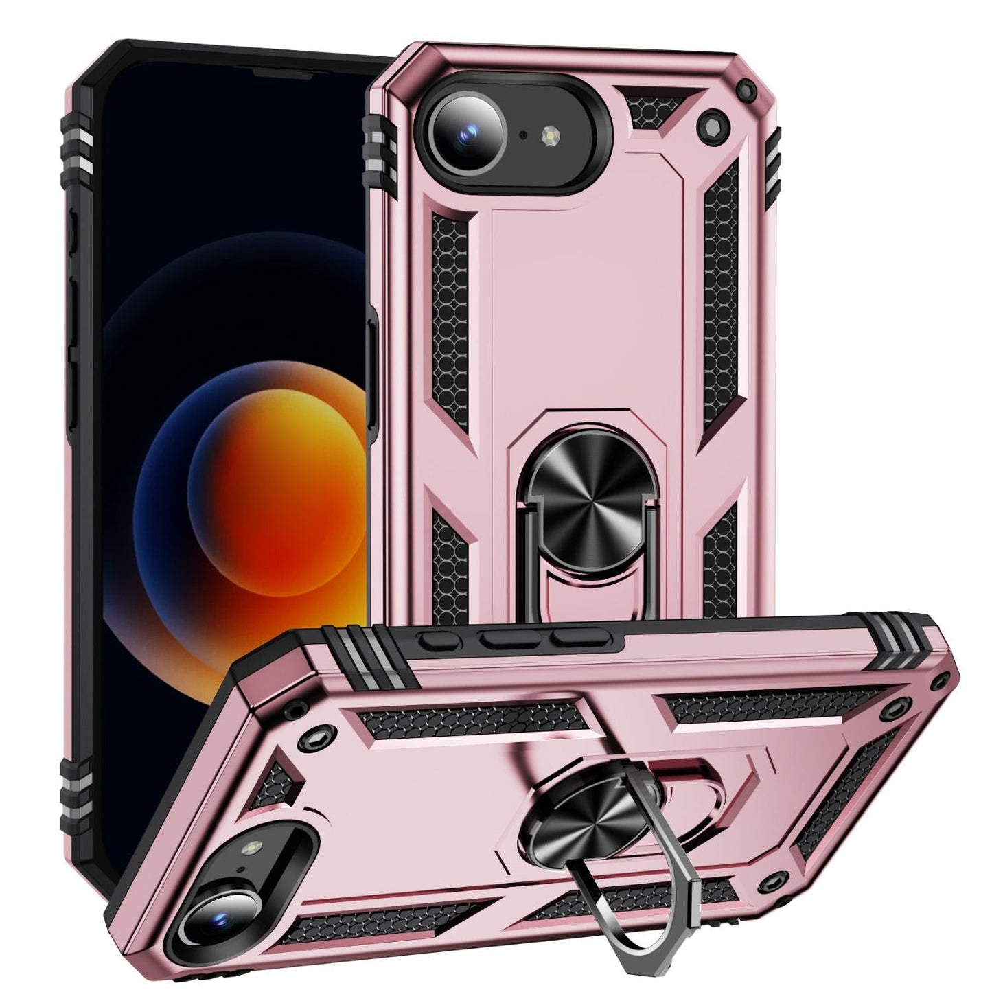 For iPhone 16e Shockproof TPU Hybrid PC Phone Case with Holder(Rose Gold)