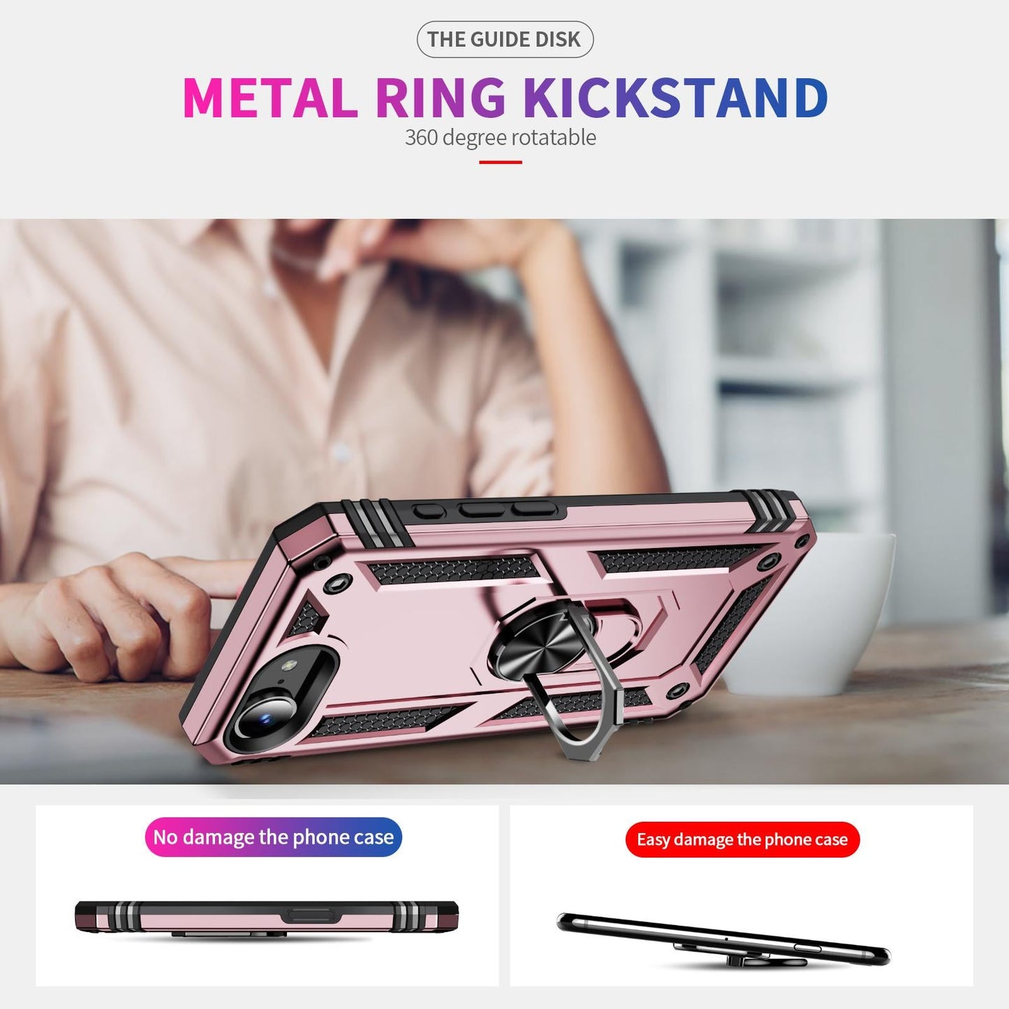 For iPhone 16e Shockproof TPU Hybrid PC Phone Case with Holder(Rose Gold)