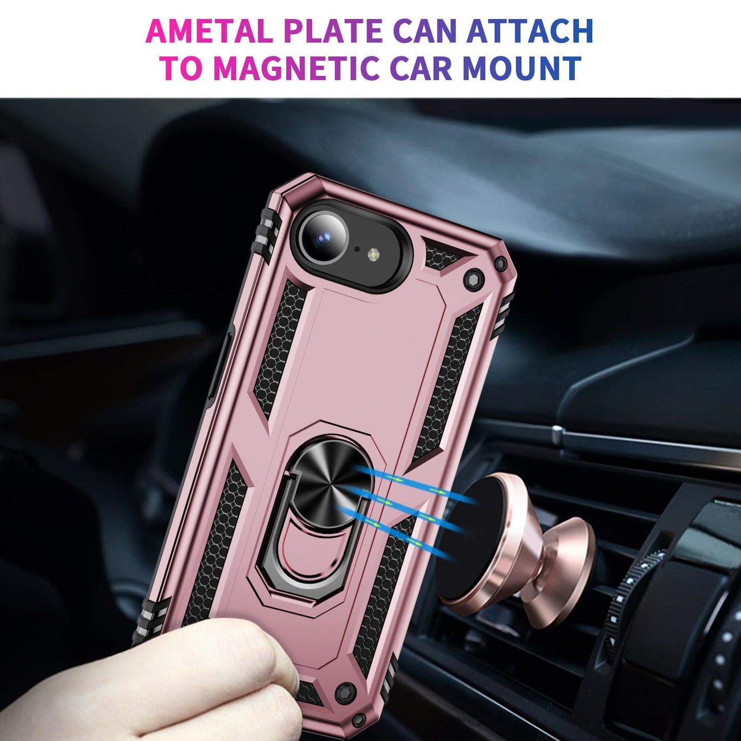 For iPhone 16e Shockproof TPU Hybrid PC Phone Case with Holder(Rose Gold)