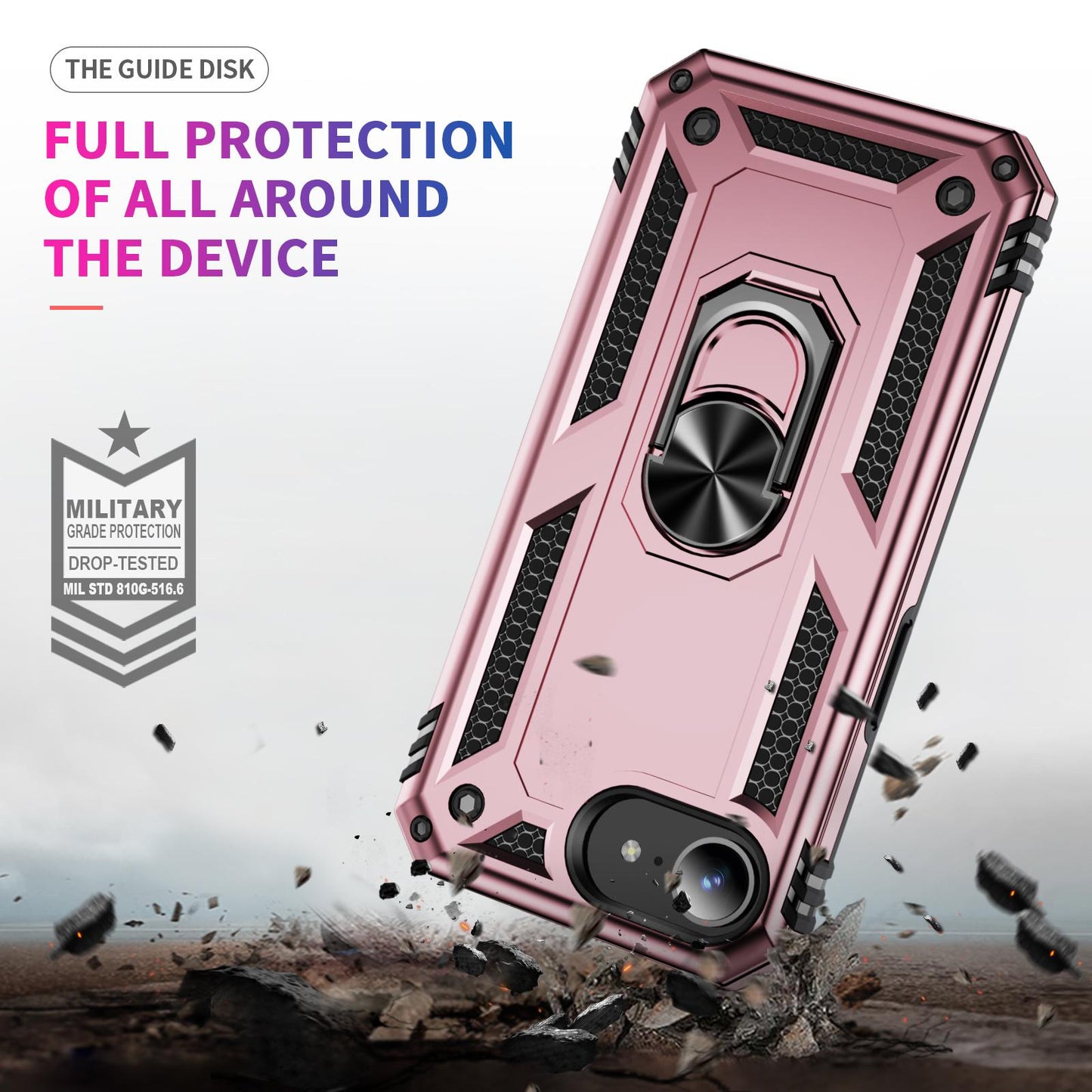 For iPhone 16e Shockproof TPU Hybrid PC Phone Case with Holder(Rose Gold)