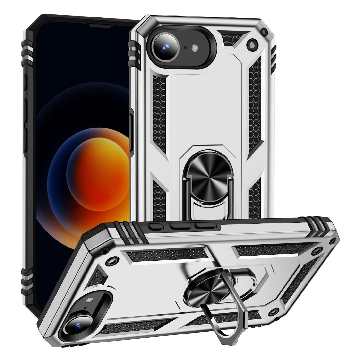 For iPhone 16e Shockproof TPU Hybrid PC Phone Case with Holder(Silver)