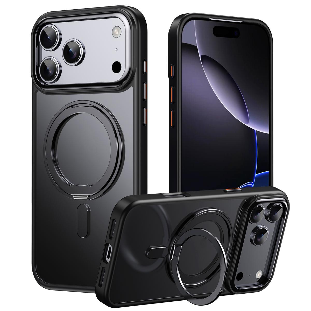 Compatible with iPhone 18 Pro Max Frosted 360 Degree MagSafe Magnetic Holder Phone Case - Black