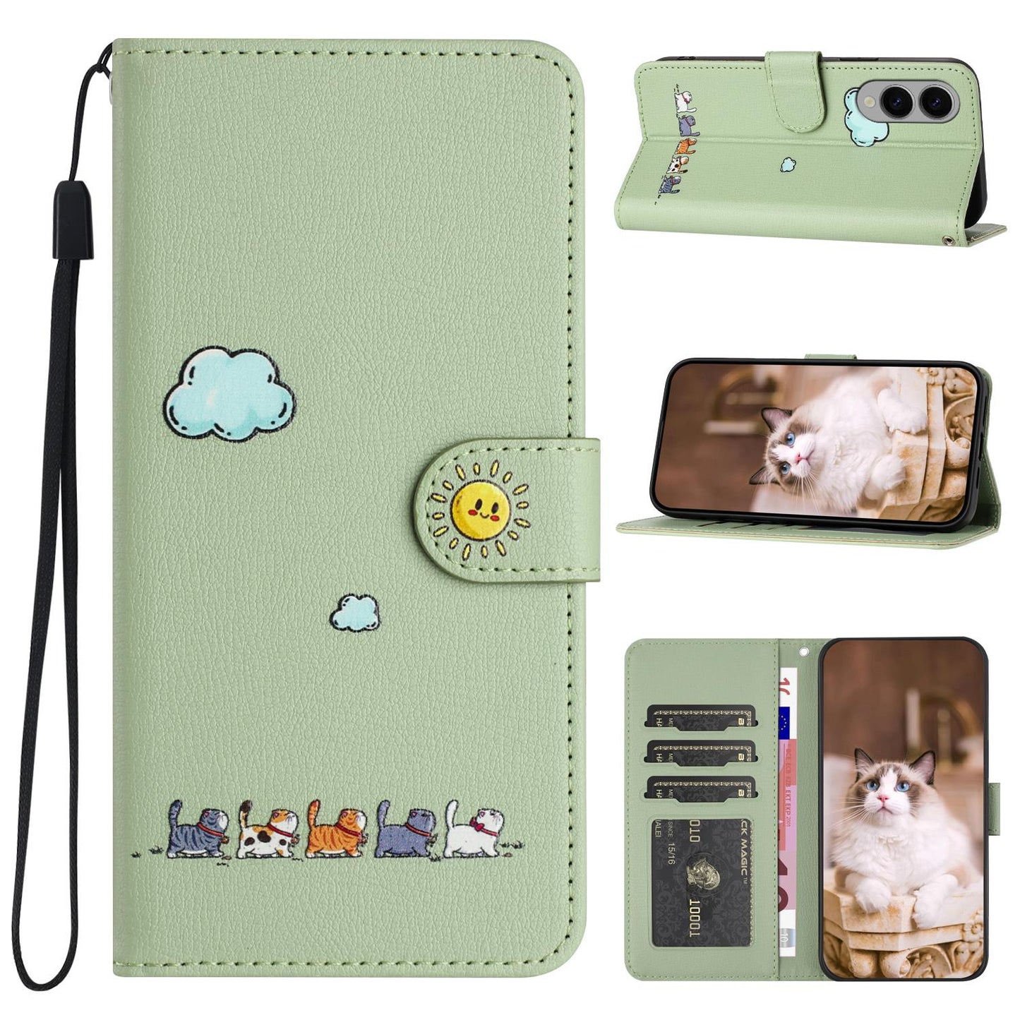 For Samsung Galaxy S25 Edge 5G Cartoon Cats Leather Phone Case(Green)