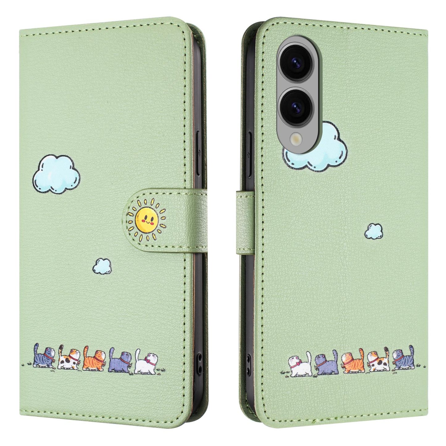 For Samsung Galaxy S25 Edge 5G Cartoon Cats Leather Phone Case(Green)