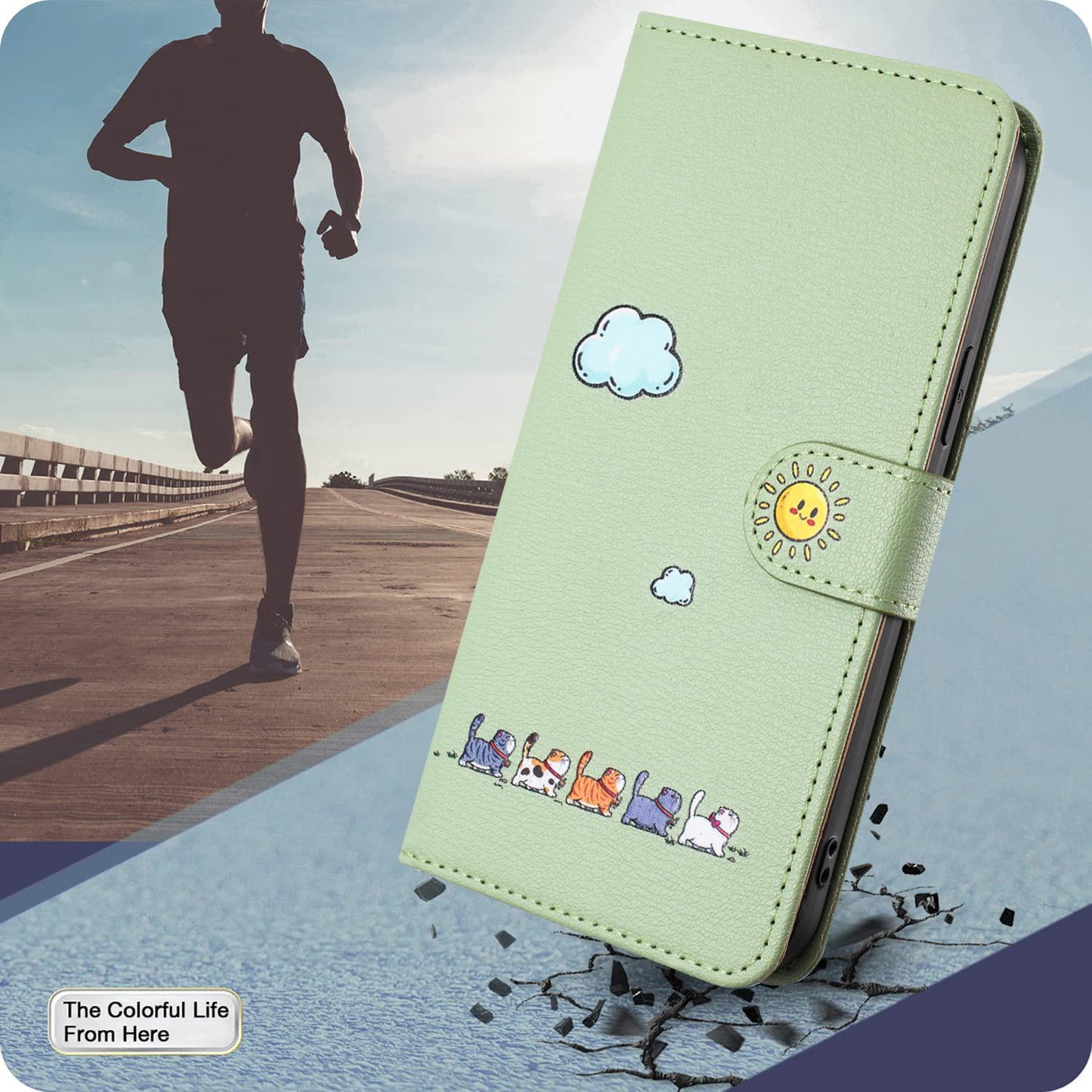 For Samsung Galaxy S25 Edge 5G Cartoon Cats Leather Phone Case(Green)