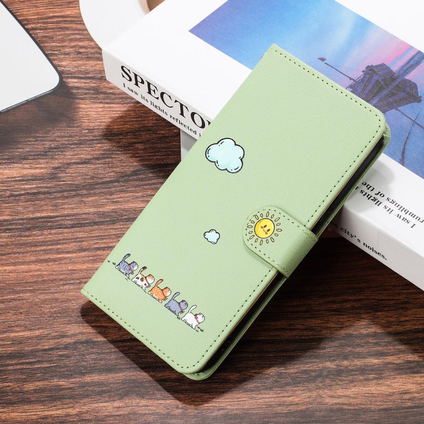 For Samsung Galaxy S25 Edge 5G Cartoon Cats Leather Phone Case(Green)