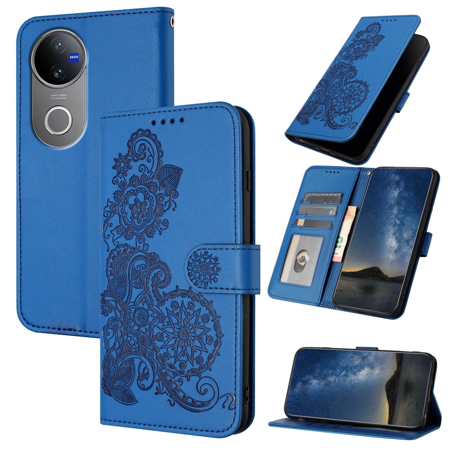 For vivo V50 Datura Flower Embossed Flip Leather Phone Case(Blue)