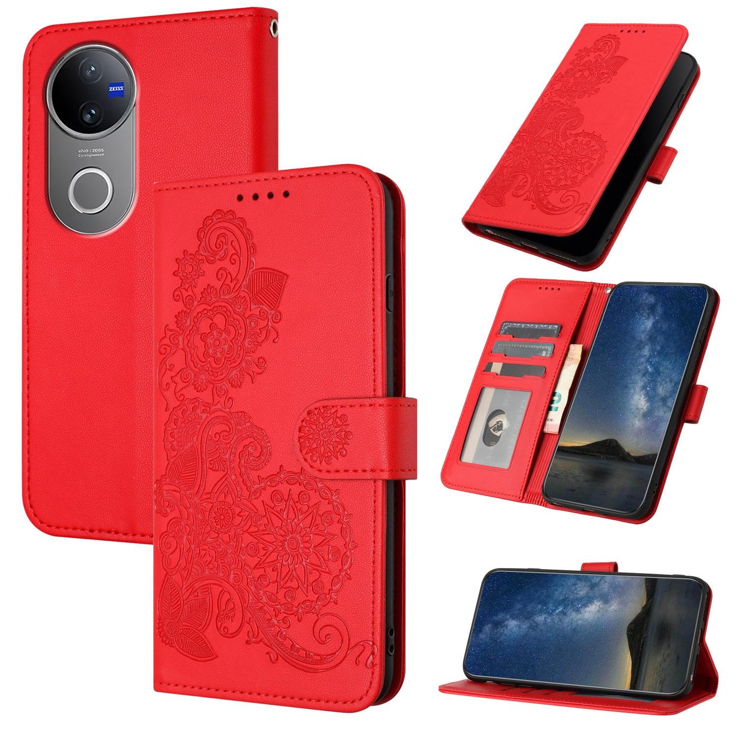 For vivo V50 Datura Flower Embossed Flip Leather Phone Case(Red)
