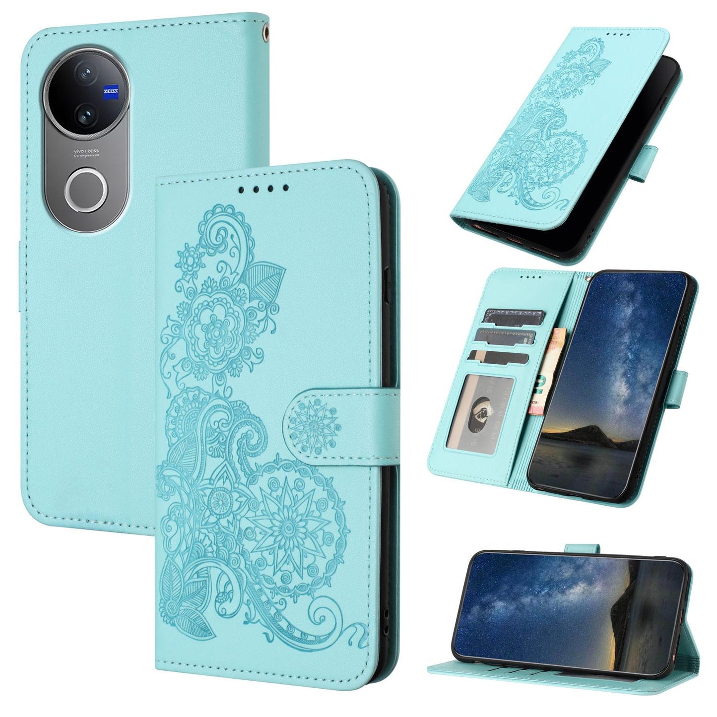 For vivo V50 Datura Flower Embossed Flip Leather Phone Case(Light Blue)