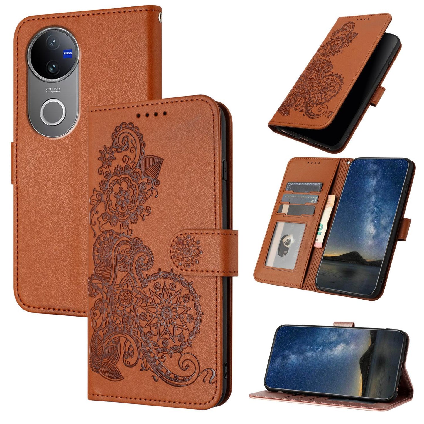 For vivo V50 Datura Flower Embossed Flip Leather Phone Case(Brown)