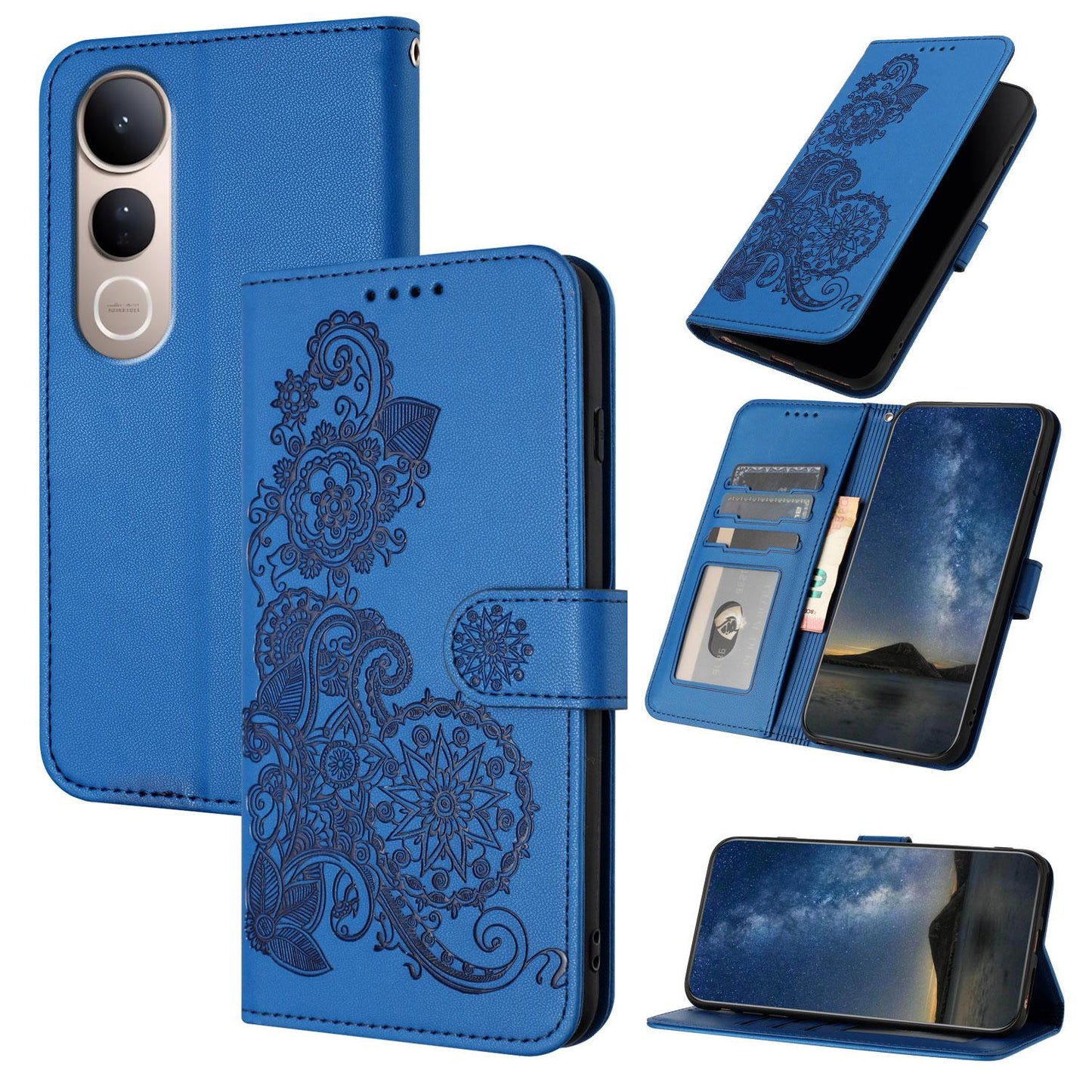 For vivo V50 Lite 4G / 5G Datura Flower Embossed Flip Leather Phone Case(Blue)
