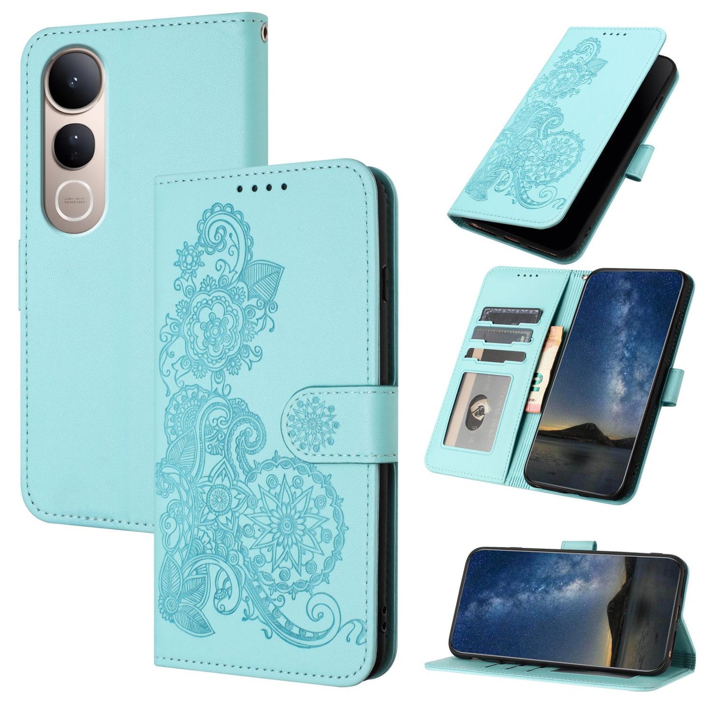 For vivo V50 Lite 4G / 5G Datura Flower Embossed Flip Leather Phone Case(Light Blue)