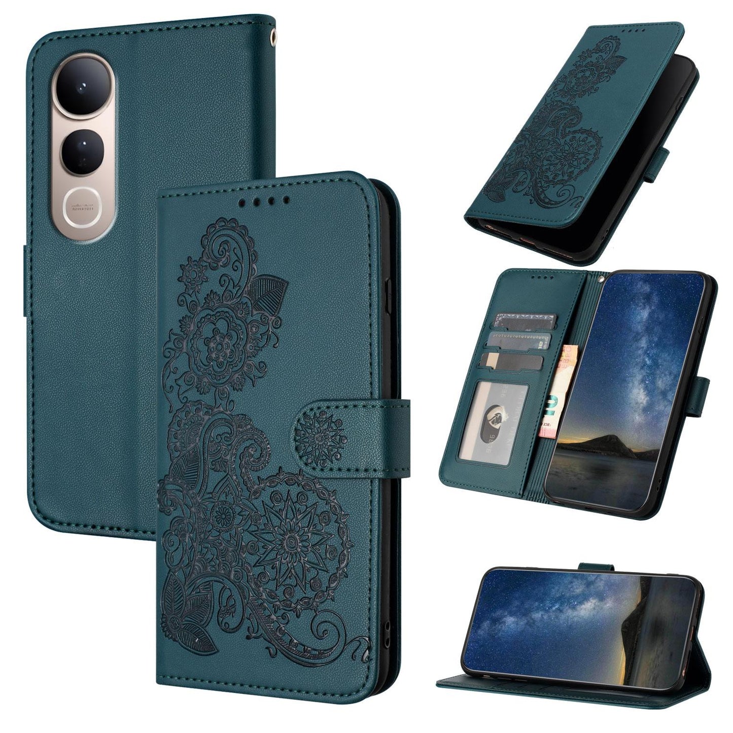For vivo V50 Lite 4G / 5G Datura Flower Embossed Flip Leather Phone Case(Dark Green)