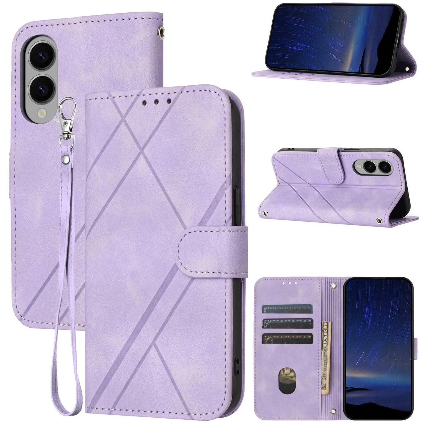 For Samsung Galaxy S25 Edge 5G Embossed Line Leather Phone Case with Lanyard(Purple)