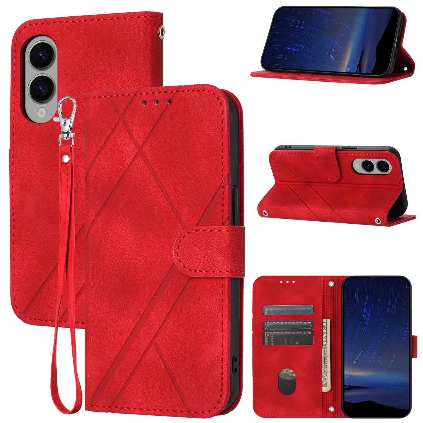 For Samsung Galaxy S25 Edge 5G Embossed Line Leather Phone Case with Lanyard(Red)