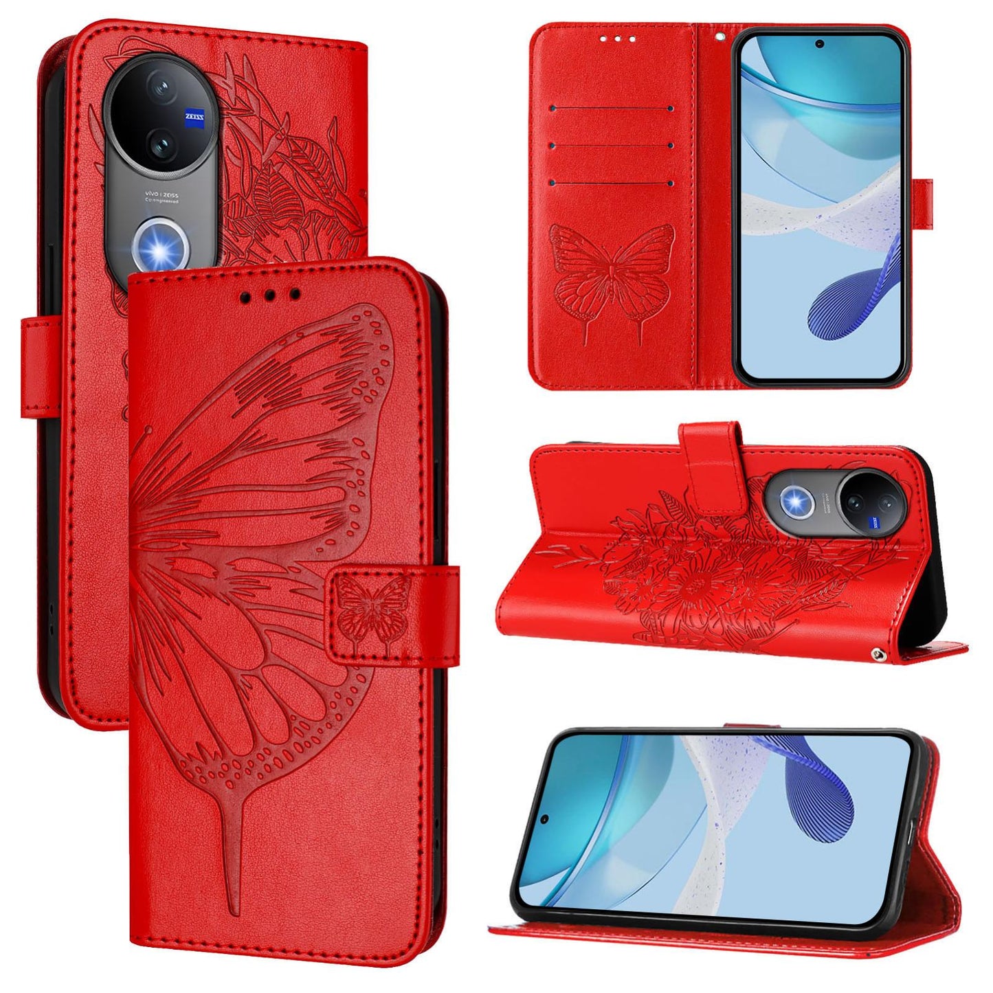 For vivo V50 Global Embossed Butterfly Leather Phone Case(Red)