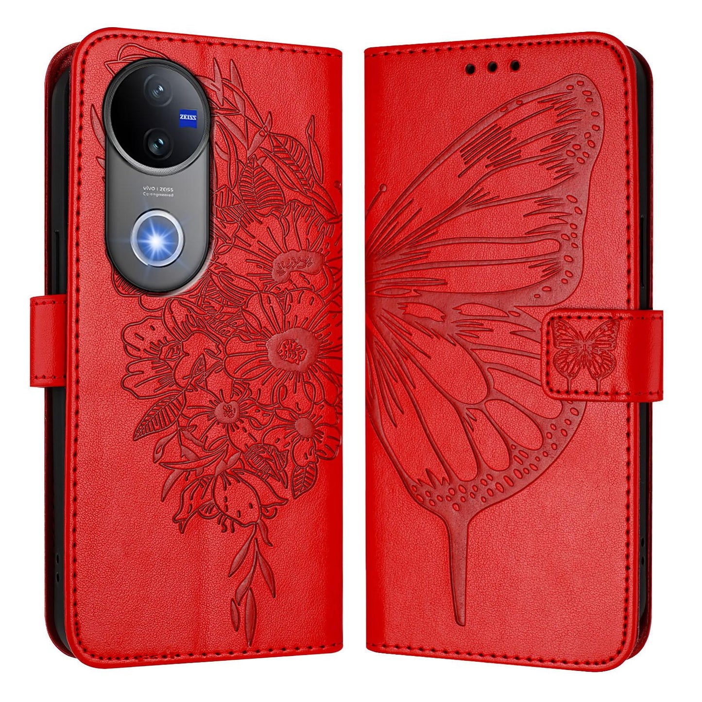 For vivo V50 Global Embossed Butterfly Leather Phone Case(Red)