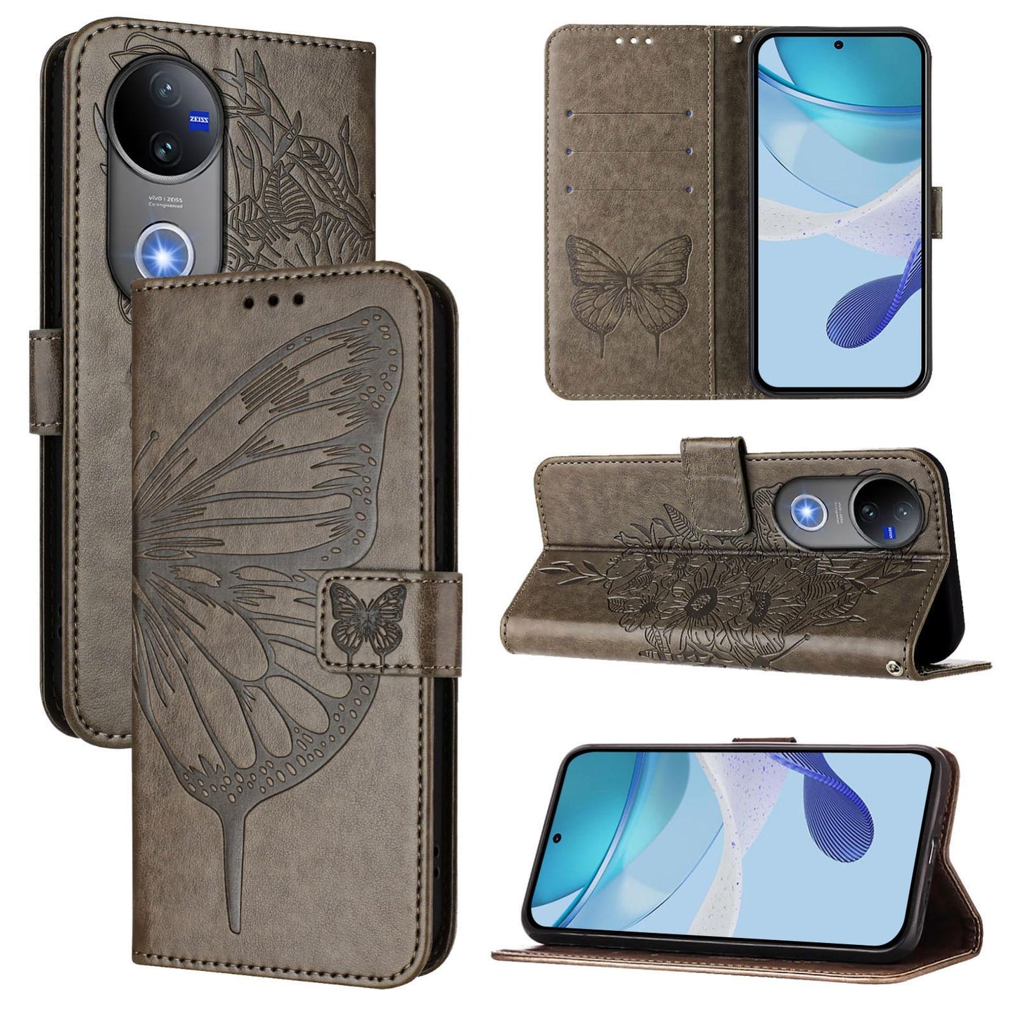 For vivo V50 Global Embossed Butterfly Leather Phone Case(Grey)