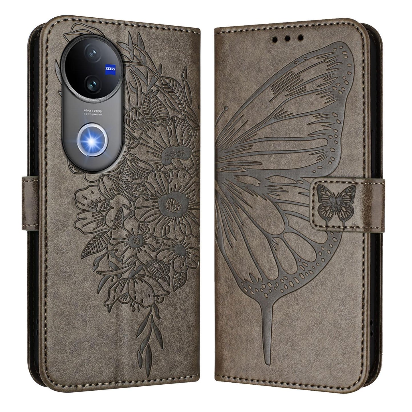 For vivo V50 Global Embossed Butterfly Leather Phone Case(Grey)