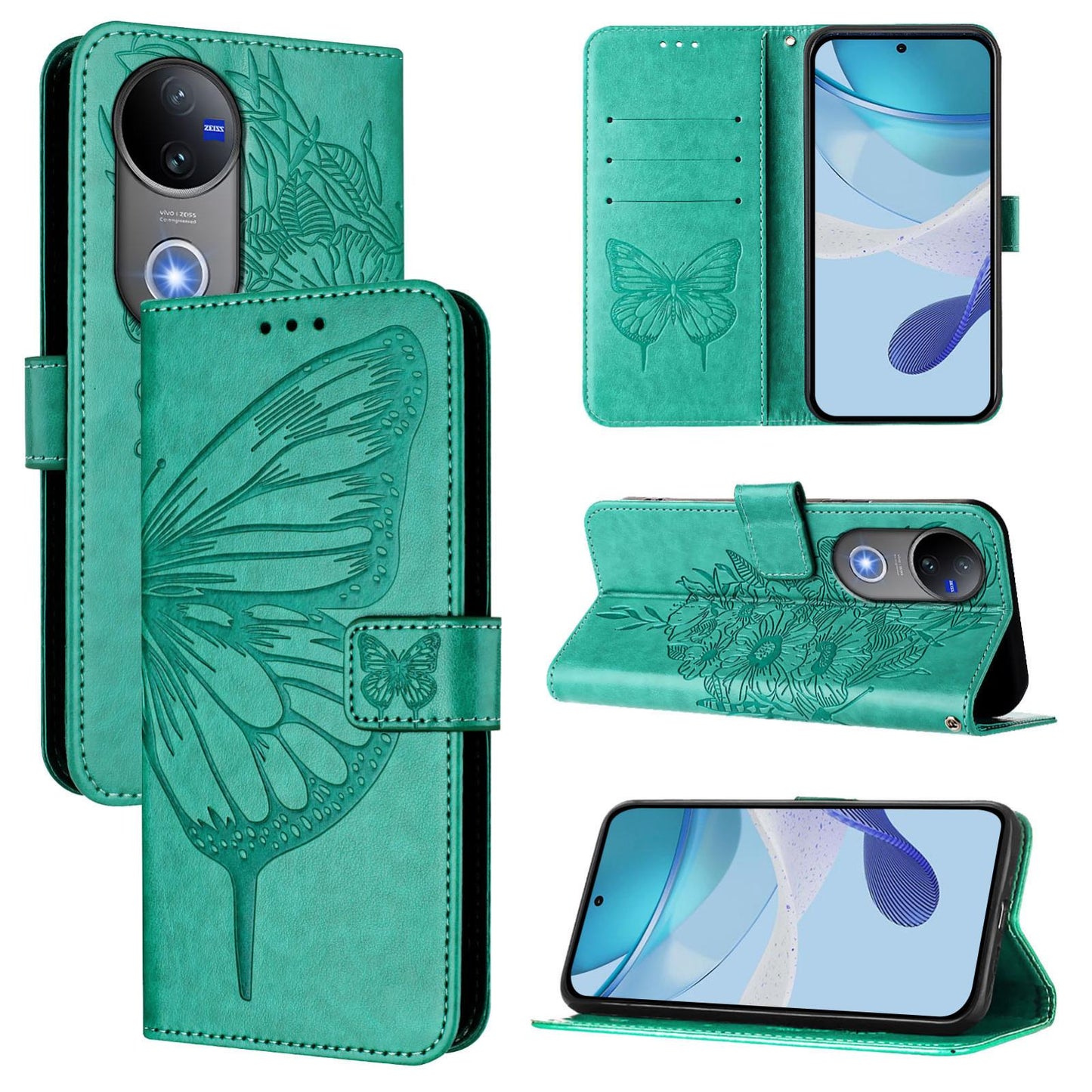 For vivo V50 Global Embossed Butterfly Leather Phone Case(Green)