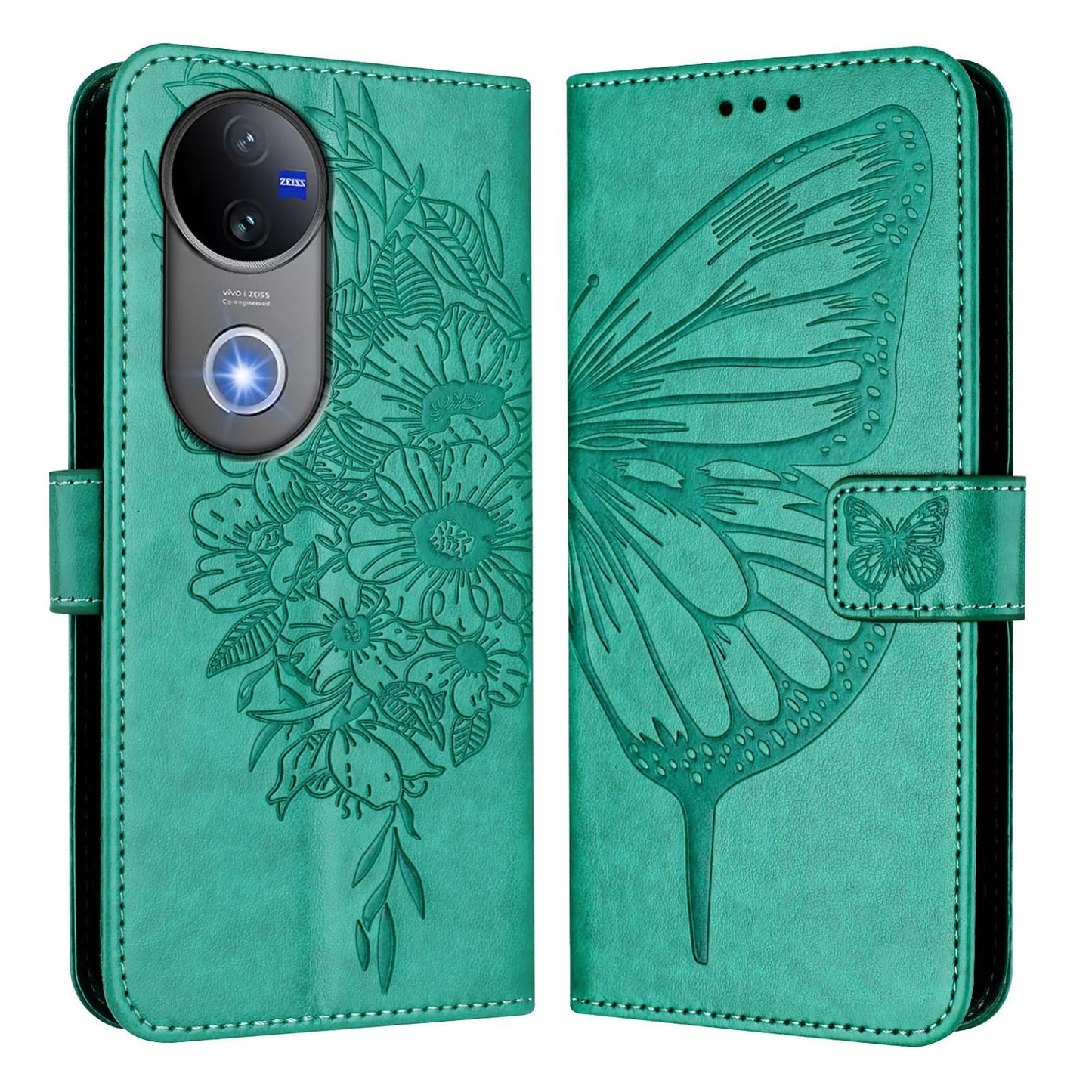 For vivo V50 Global Embossed Butterfly Leather Phone Case(Green)