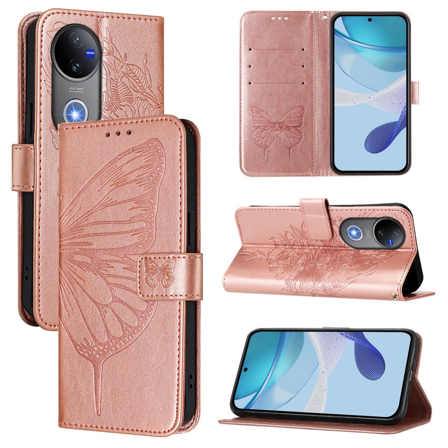 For vivo V50 Global Embossed Butterfly Leather Phone Case(Rose Gold)