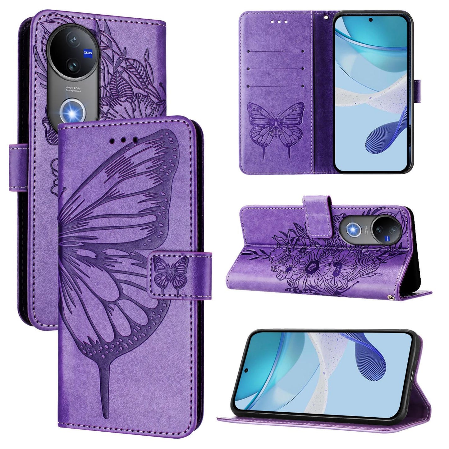 For vivo V50 Global Embossed Butterfly Leather Phone Case(Light Purple)