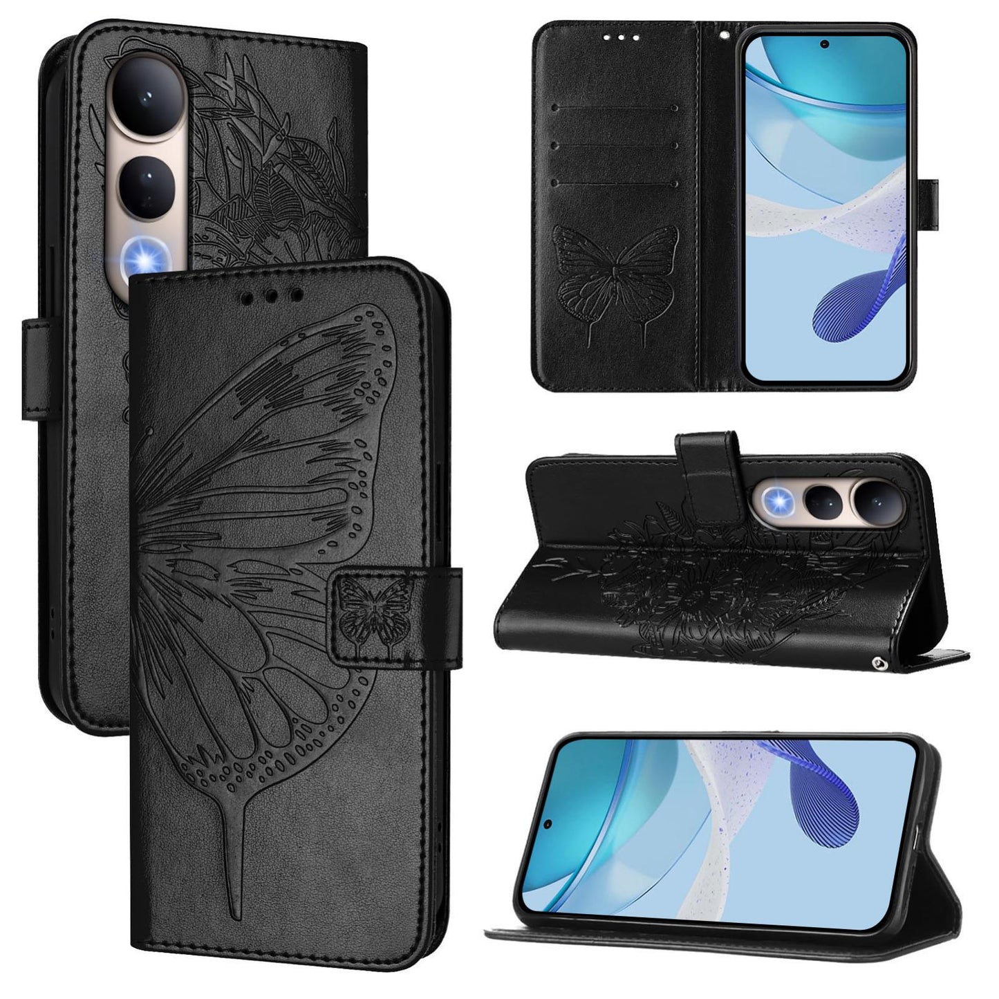 For vivo V50 Lite 5G Embossed Butterfly Leather Phone Case(Black)