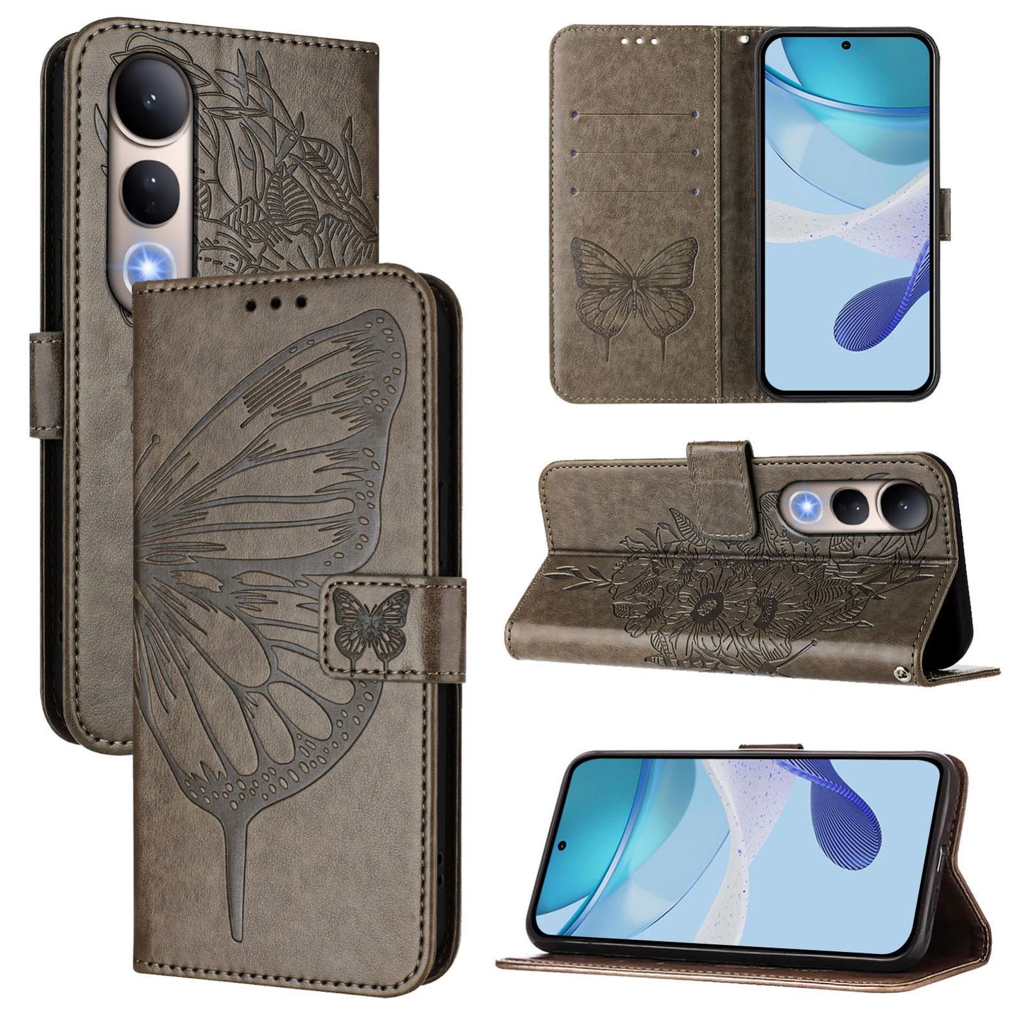 For vivo V50 Lite 5G Embossed Butterfly Leather Phone Case(Grey)