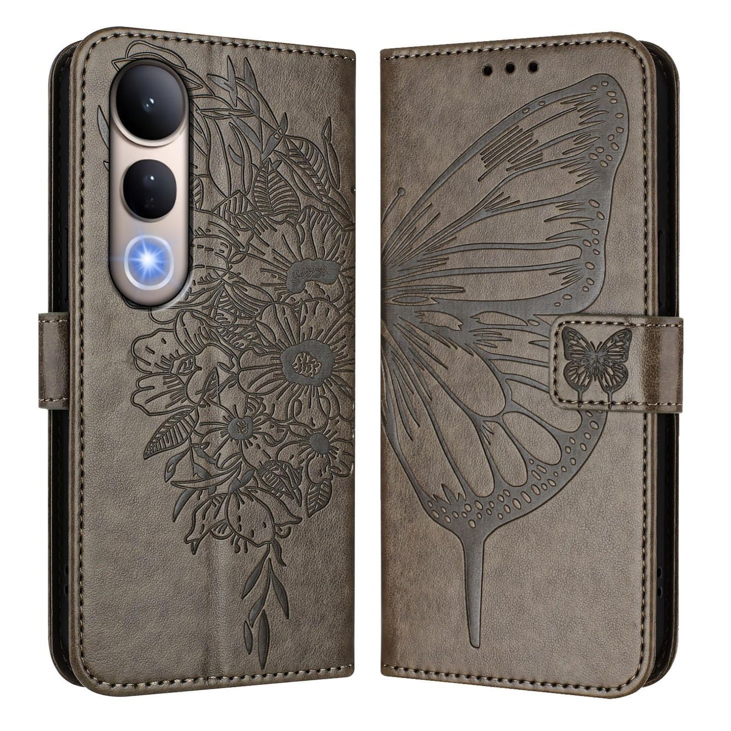 For vivo V50 Lite 5G Embossed Butterfly Leather Phone Case(Grey)