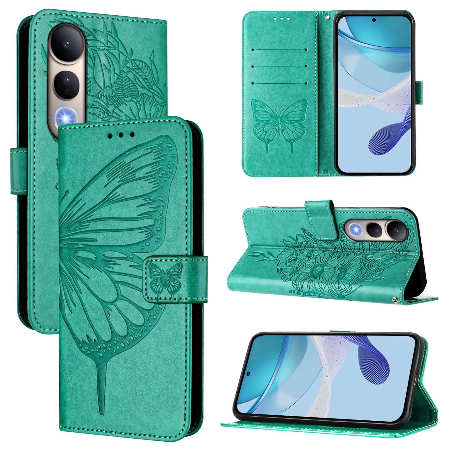 For vivo V50 Lite 5G Embossed Butterfly Leather Phone Case(Green)