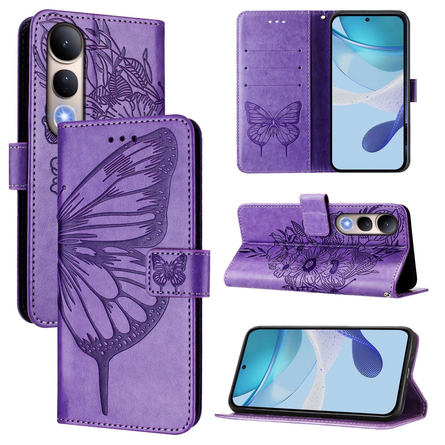 For vivo V50 Lite 5G Embossed Butterfly Leather Phone Case(Light Purple)
