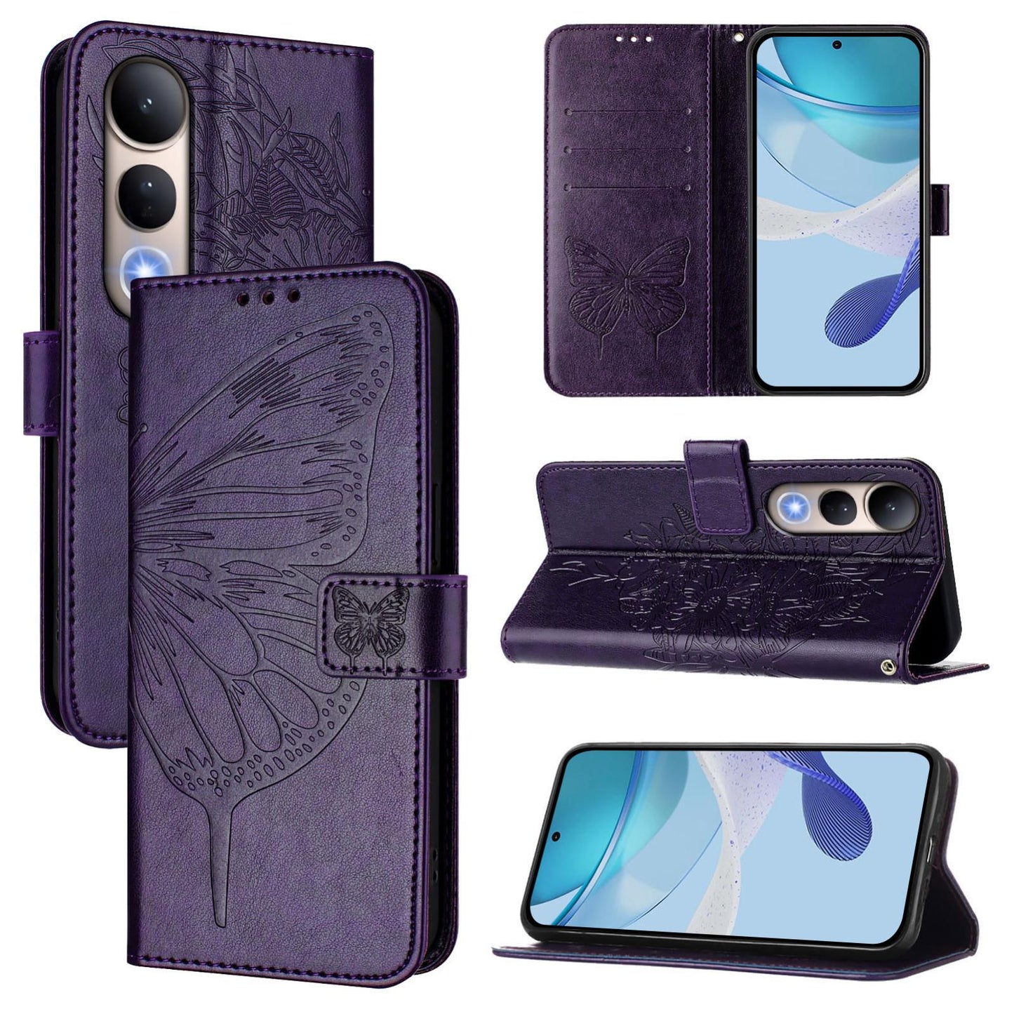 For vivo V50 Lite 5G Embossed Butterfly Leather Phone Case(Dark Purple)