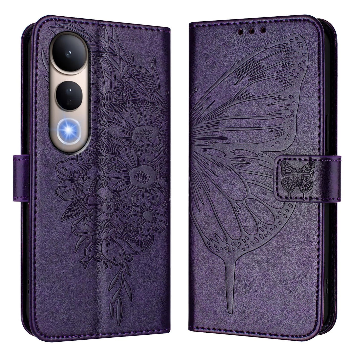 For vivo V50 Lite 5G Embossed Butterfly Leather Phone Case(Dark Purple)