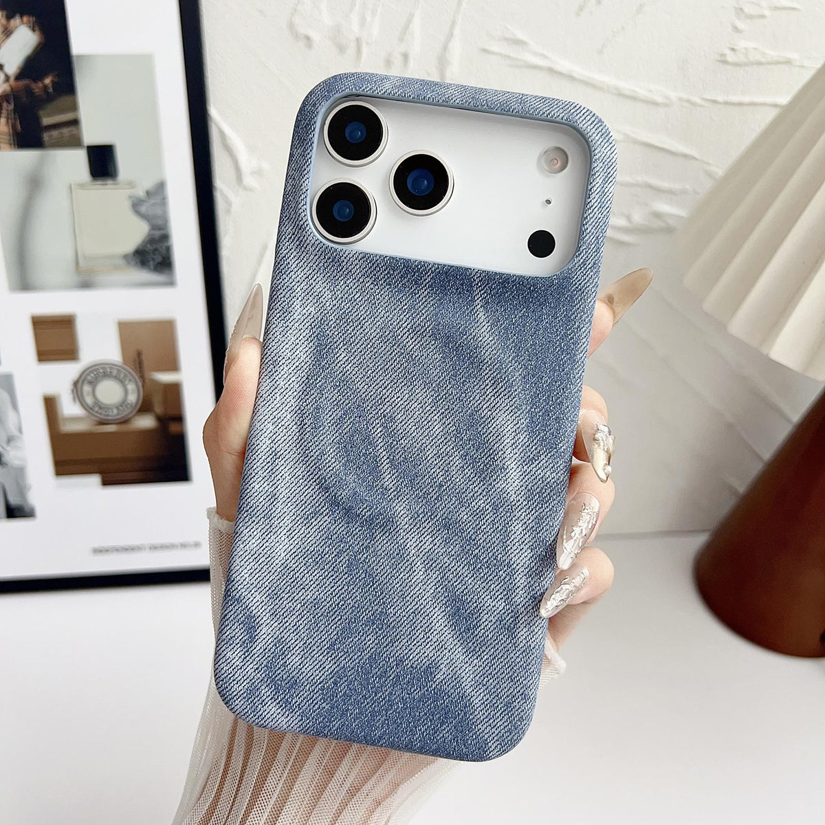 Compatible with iPhone 18 Pro Max Denim MagSafe Magnetic PC + PU Phone Case - Grayish Blue